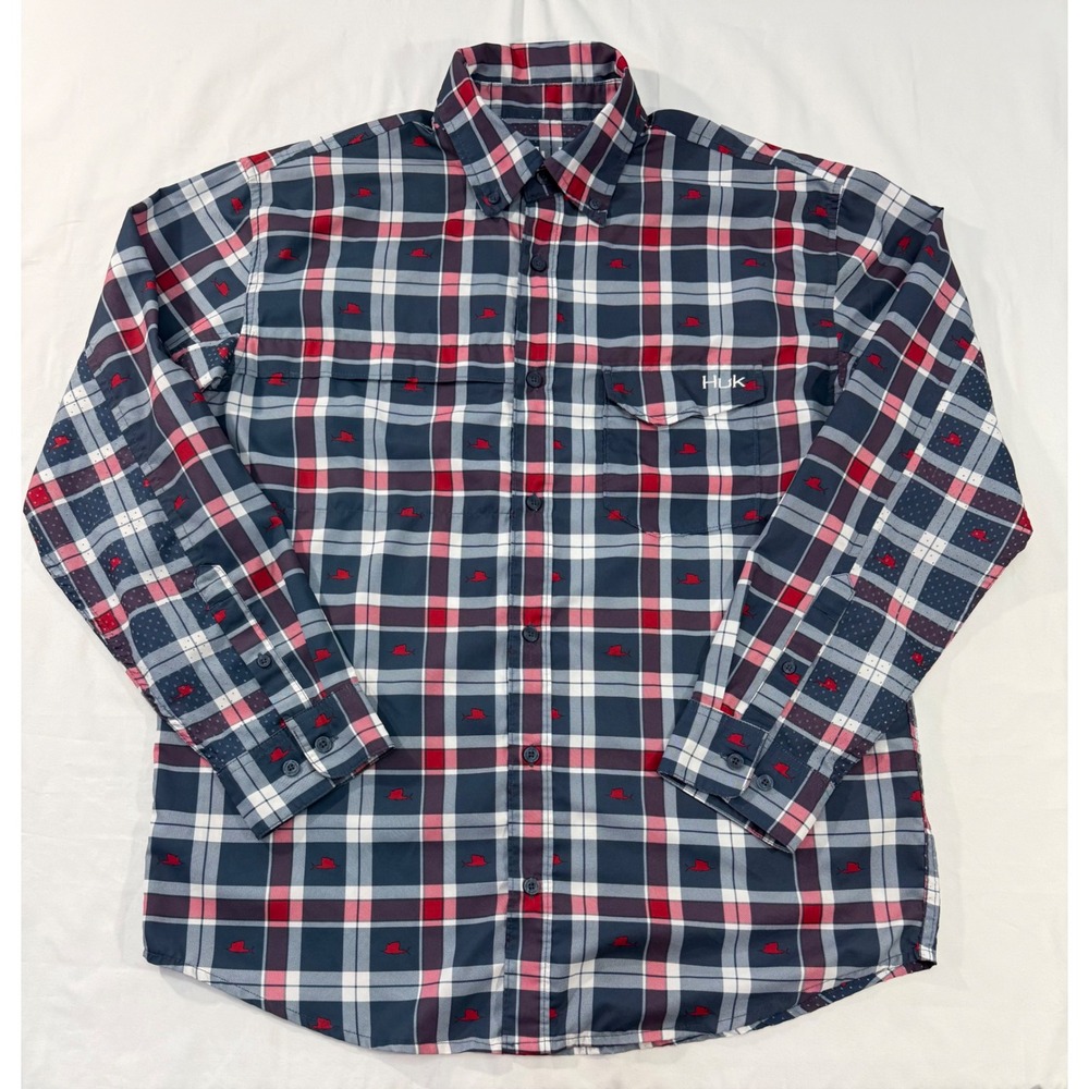 Huk Mens Pursuit Plaid Fish Print Long Sleeve Fishing Shirt Navy Red M H1500107